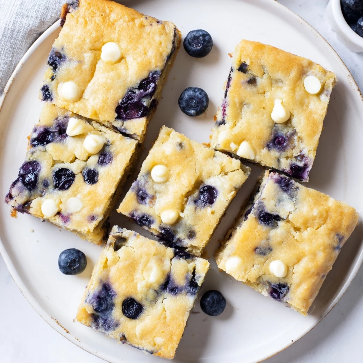 Chewy vanilla blondies studded with juicy blueberries and white chocolate chips