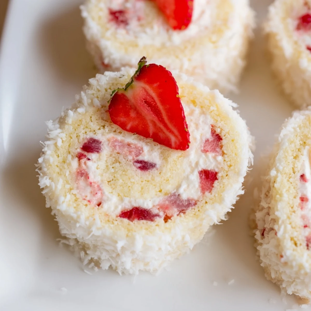Golden strawberry shortcake sushi rolls sliced to reveal whipped cream and fresh berry filling
