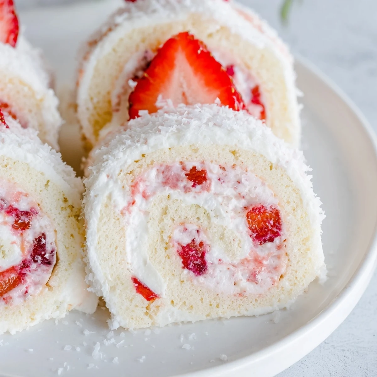 Bite-sized strawberry shortcake sushi rolls featuring coconut-dusted edges and vibrant strawberry garnish