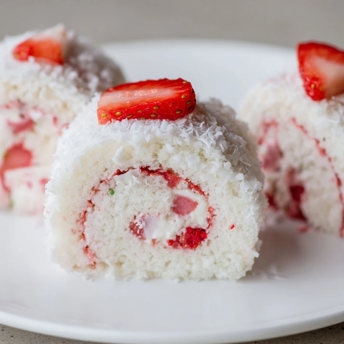 Whimsical strawberry shortcake sushi rolls with sponge cake rolled around sweet strawberries and cream