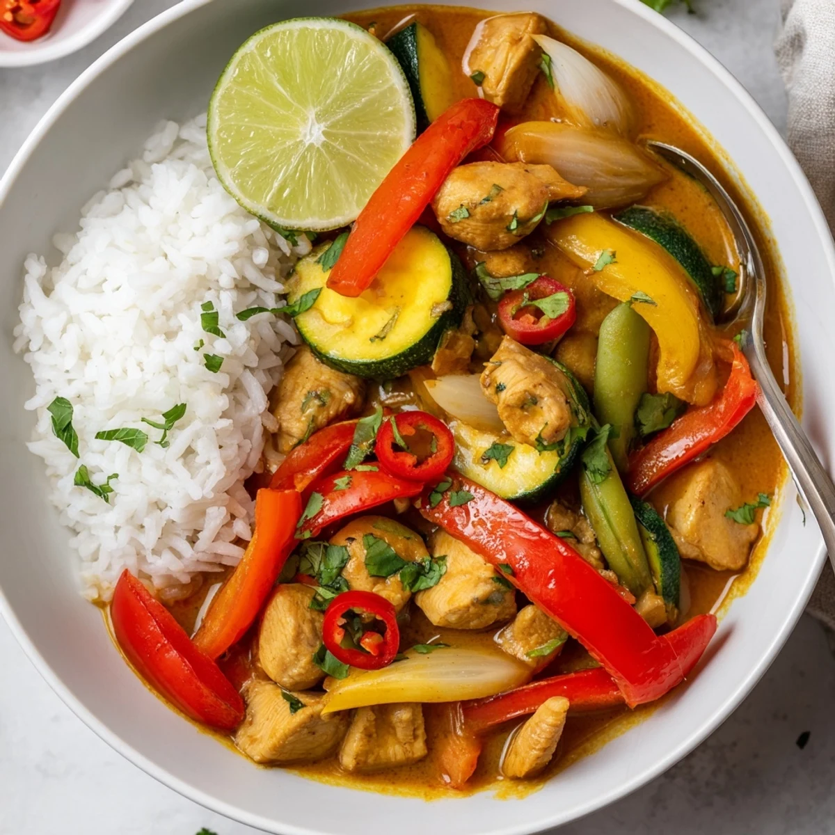Bright Spicy Summer Coconut Chicken Curry showcasing tender bites and vibrant bell peppers