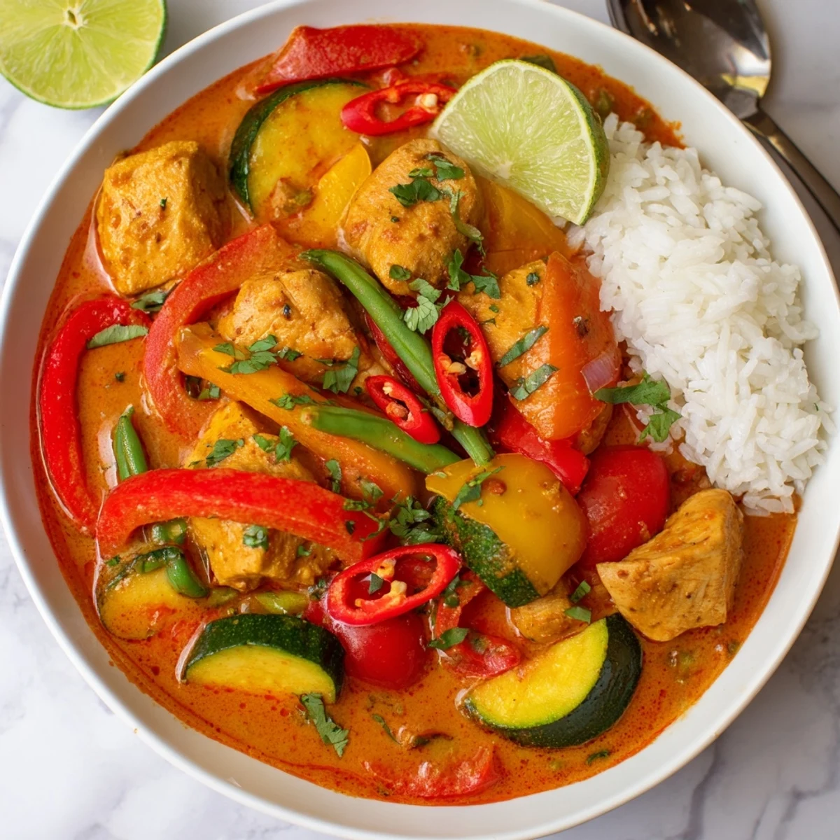Hearty Spicy Summer Coconut Chicken Curry finished with lime wedges and sliced chili