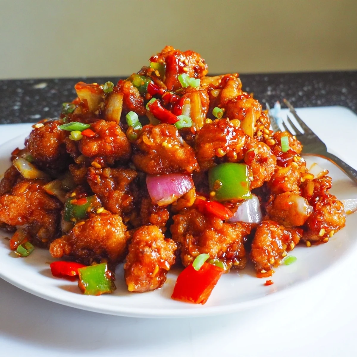 Savory Flavorful Chilli Chicken Indo Chinese served steaming over jasmine rice