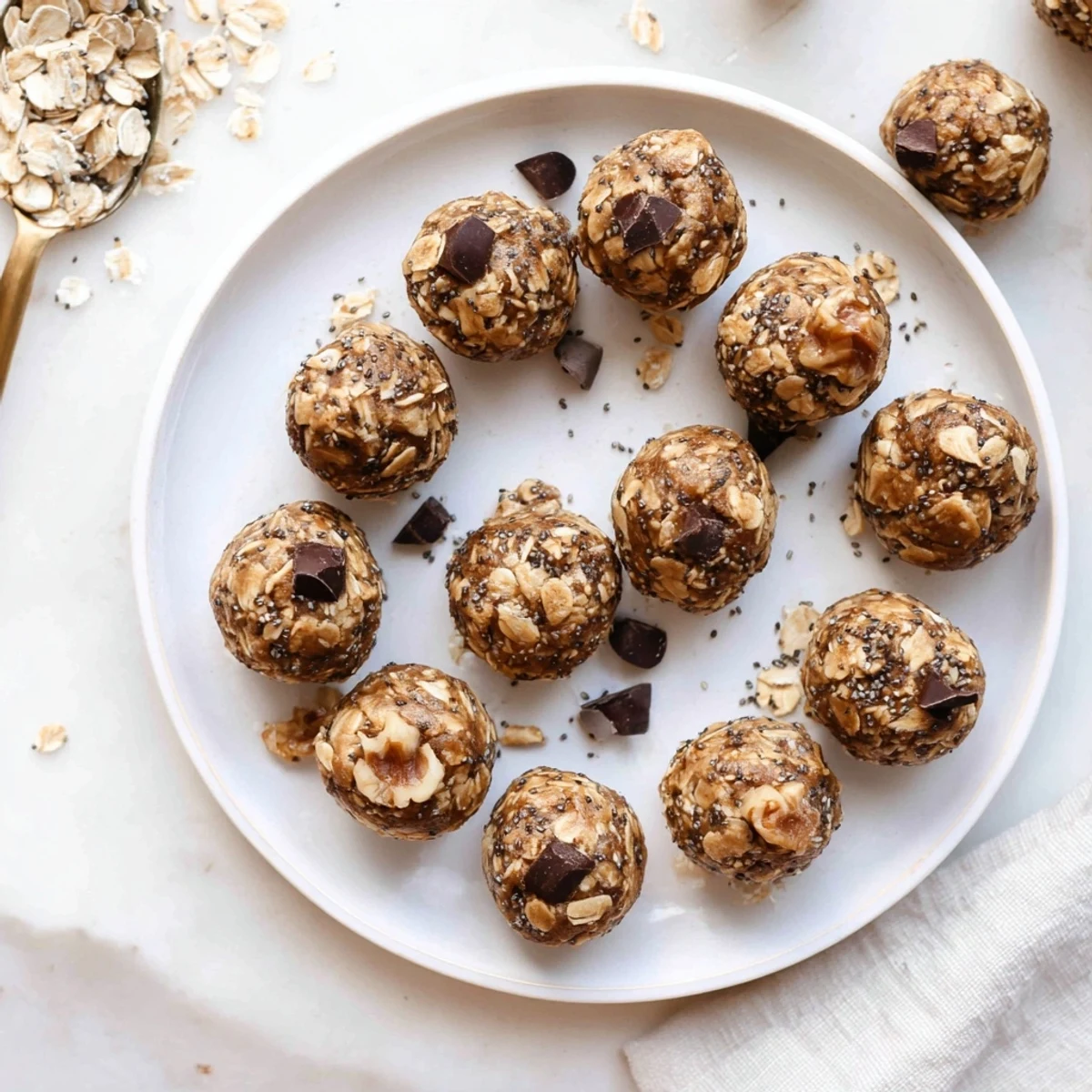 Homemade banana bread energy balls rolled in oats and studded with dark chocolate chips