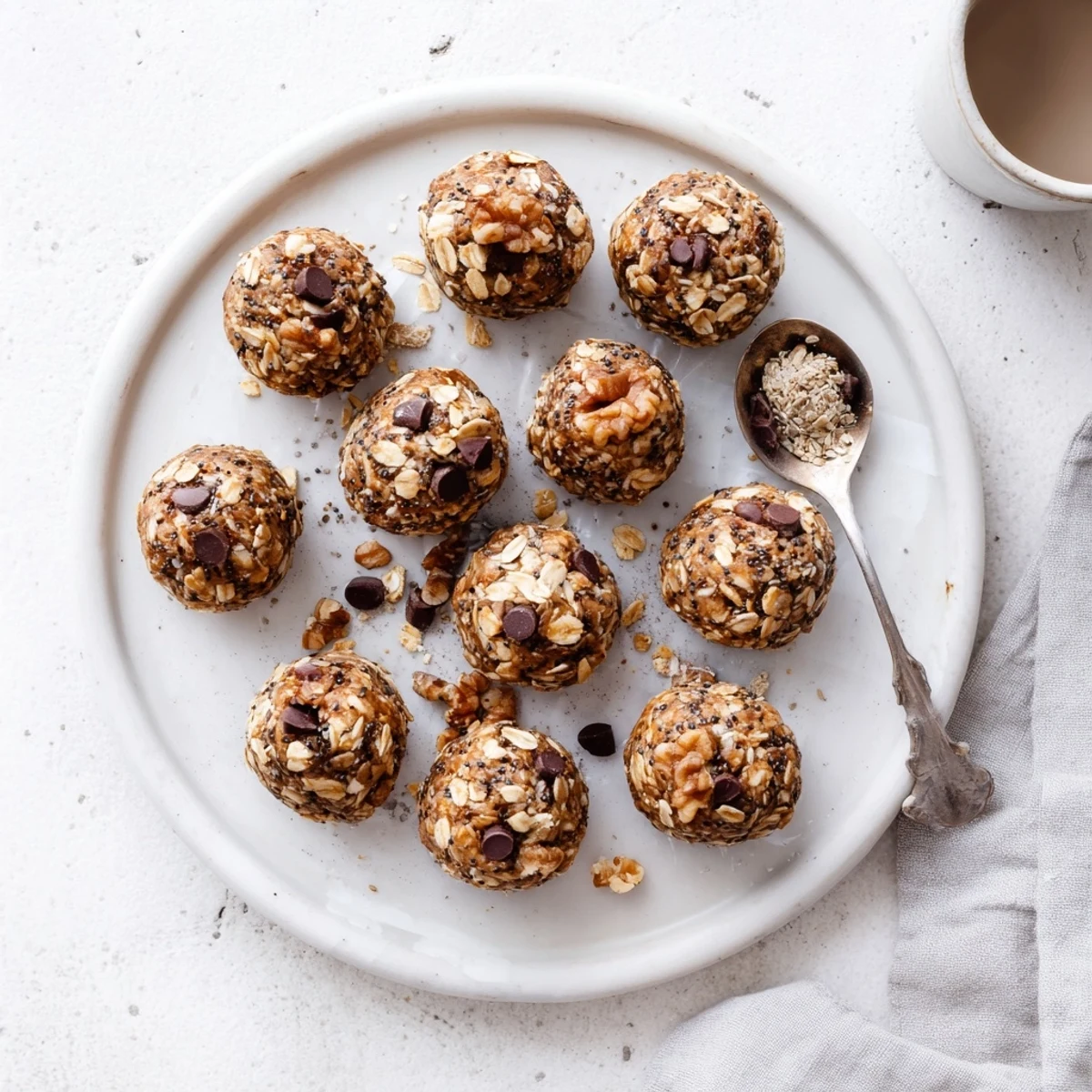 No-bake banana bread energy balls with chopped walnuts on a white serving plate
