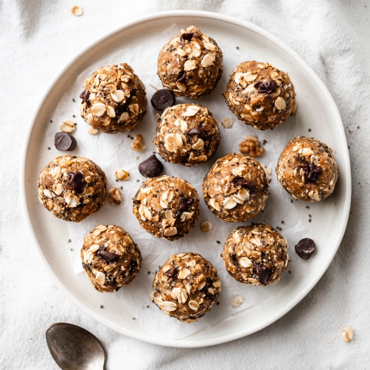 Bite-sized banana bread energy balls sprinkled with cinnamon and chia seeds on parchment paper