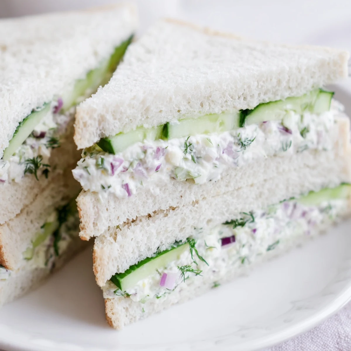 Cucumber salad sandwiches featuring creamy dill spread and crisp sliced cucumbers on soft white bread, cut into delicate triangular tea sandwiches