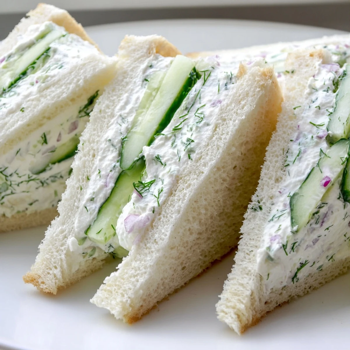 Traditional cucumber salad sandwiches stacked on a wooden cutting board with fresh dill garnish, ready for an elegant afternoon tea or light lunch