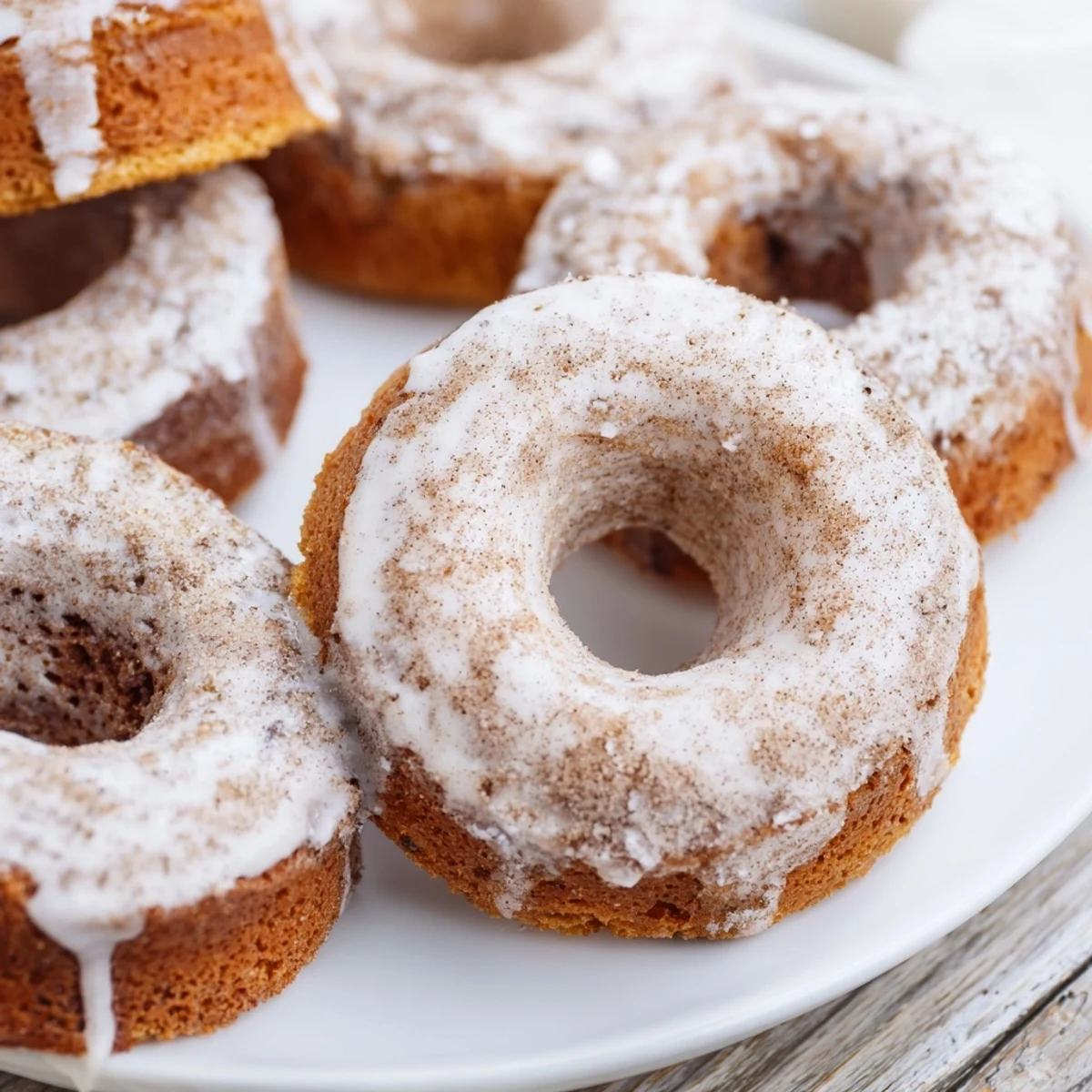 Soft baked banana bread donuts sprinkled with powdered sugar against a dark background