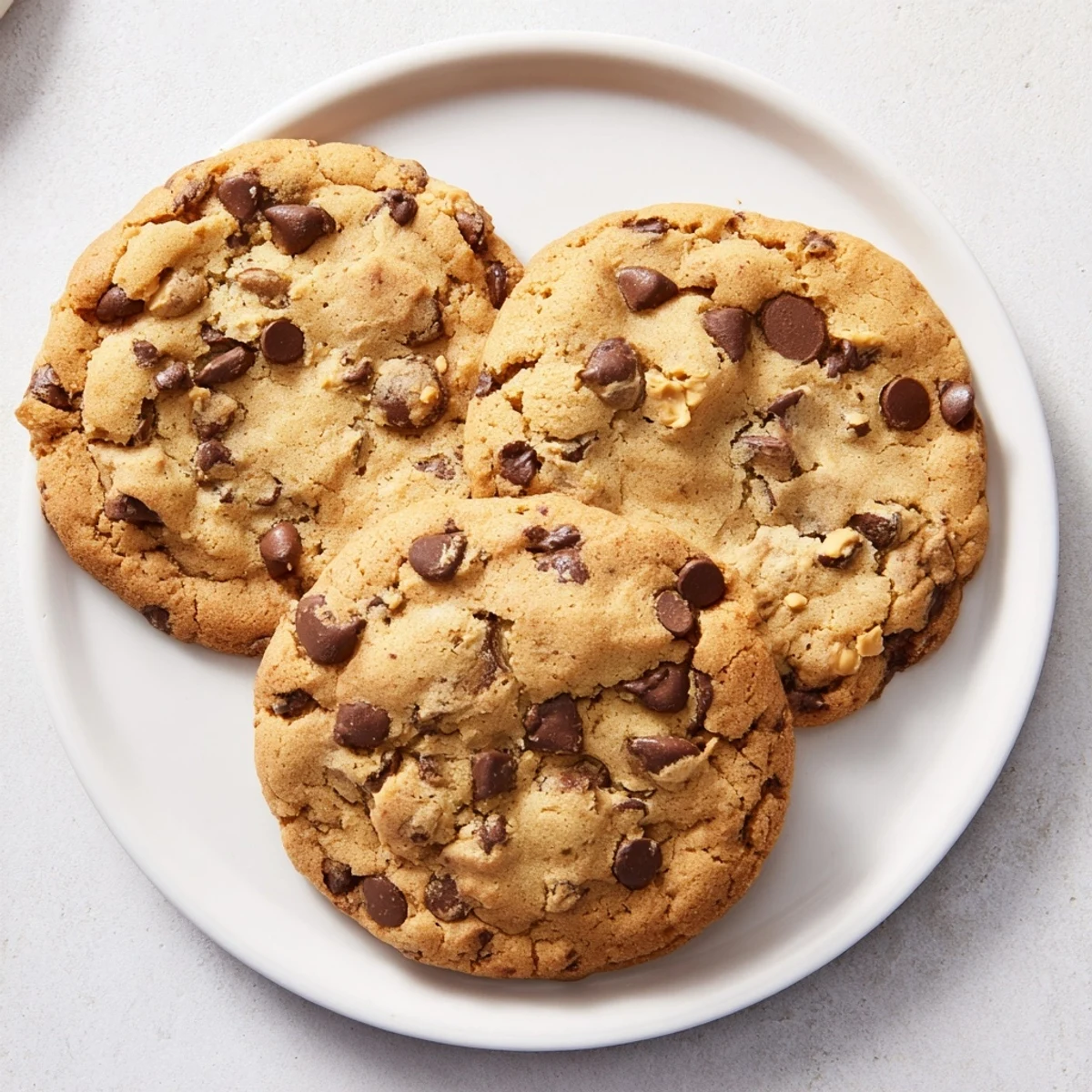 Golden chewy chocolate chip cookies fresh from the oven with melted chocolate puddles