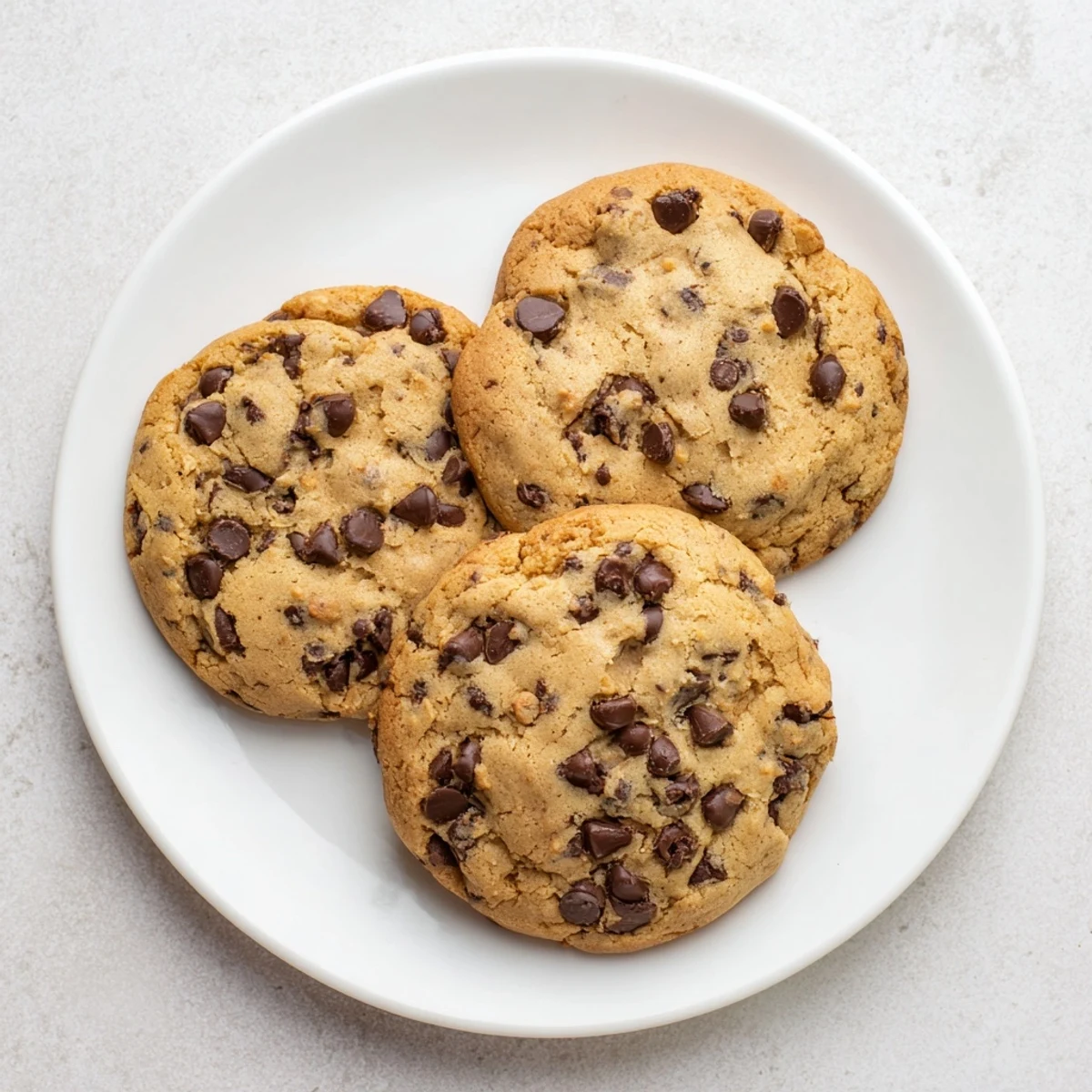 Thick soft chocolate chip cookies piled on a wooden board with gooey centers