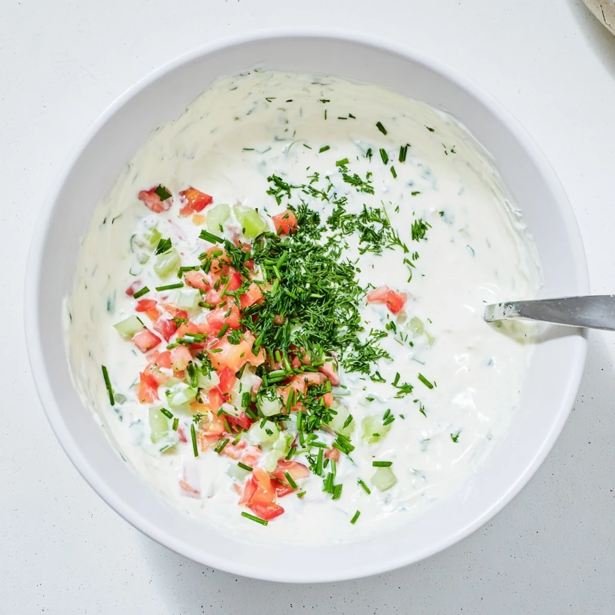 Creamy Grillos Pickle De Gallo Ranch Dip served in a white bowl with colorful fresh vegetables and tortilla chips