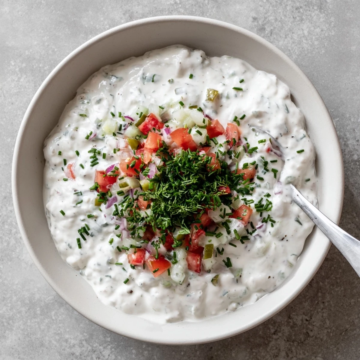 A generous serving of Grillos Pickle De Gallo Ranch Dip topped with extra chopped pickles and fresh herbs