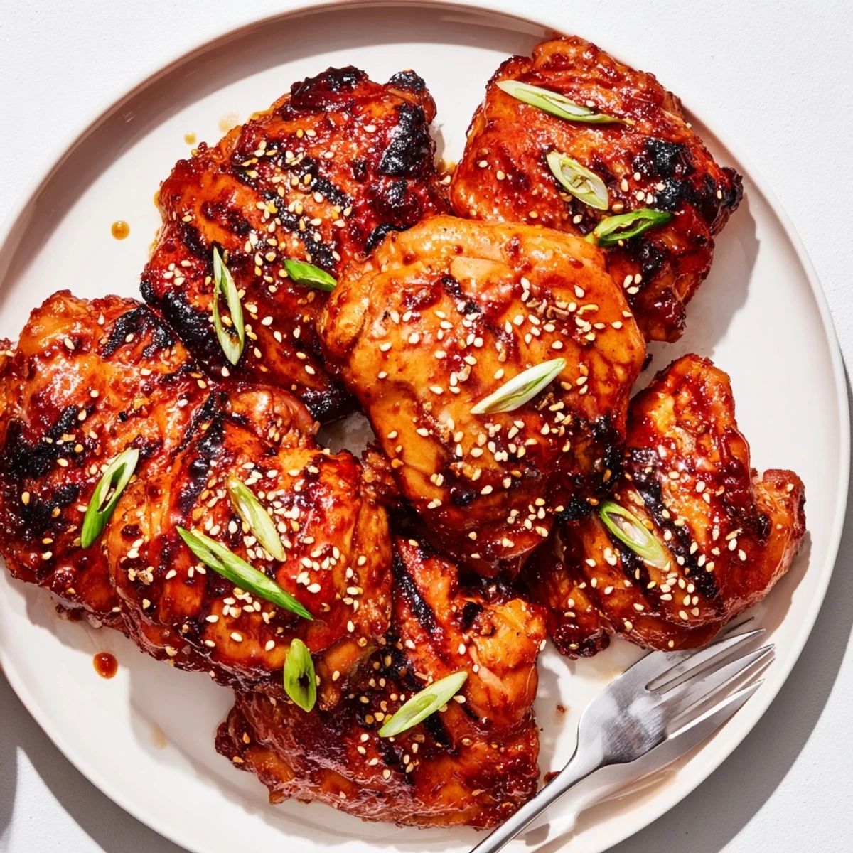 Juicy Korean Chicken Thighs glazed and caramelized, steaming on a white platter.