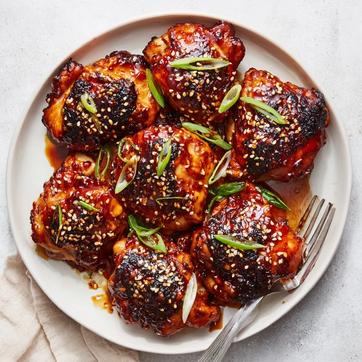 Charred Juicy Korean Chicken Thighs topped with sesame seeds and sliced green onions.