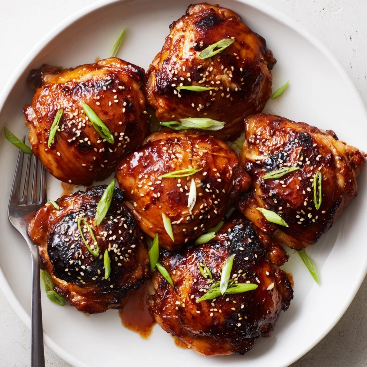 Warm Juicy Korean Chicken Thighs marinated in soy-garlic-ginger, served with rice.