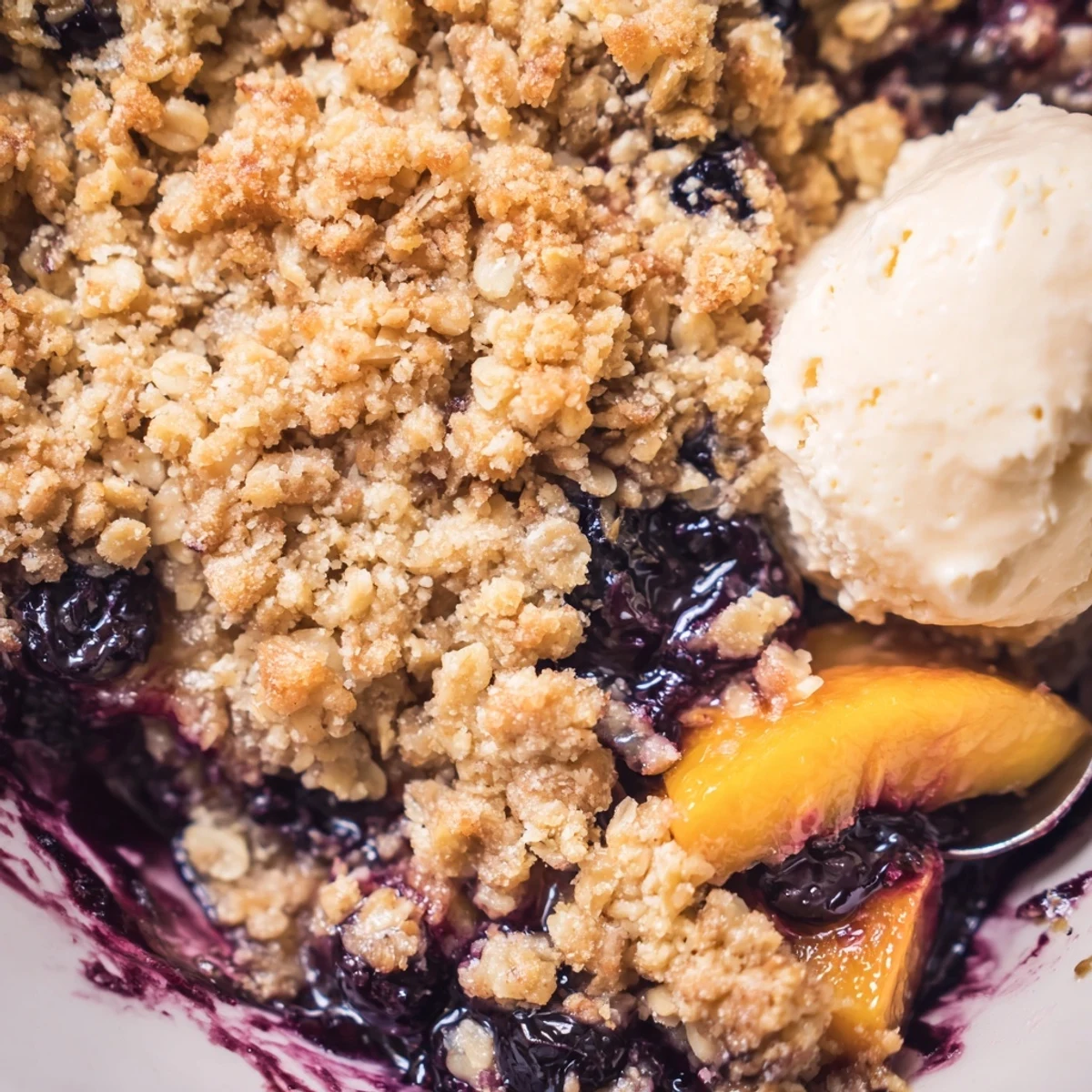 Blueberry Peach Crumble browned to golden, steam wafting, spoon resting nearby