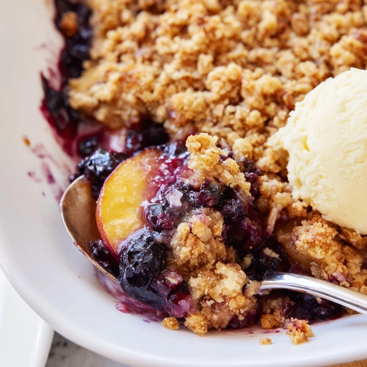 Warm Blueberry Peach Crumble with toasted oat topping, served alongside vanilla ice cream