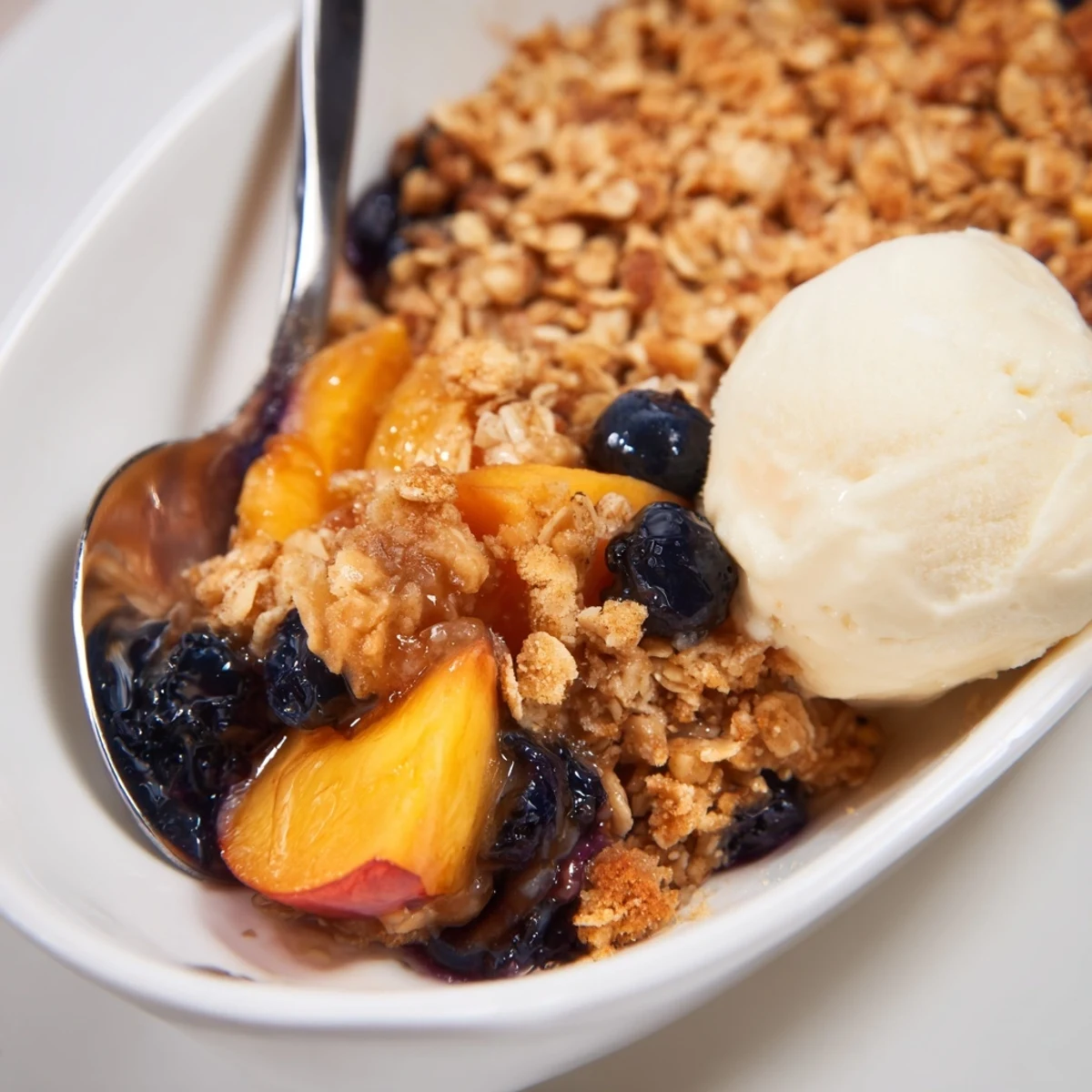 Homestyle Blueberry Peach Crumble cooling on countertop, flaky topping and bubbling fruit
