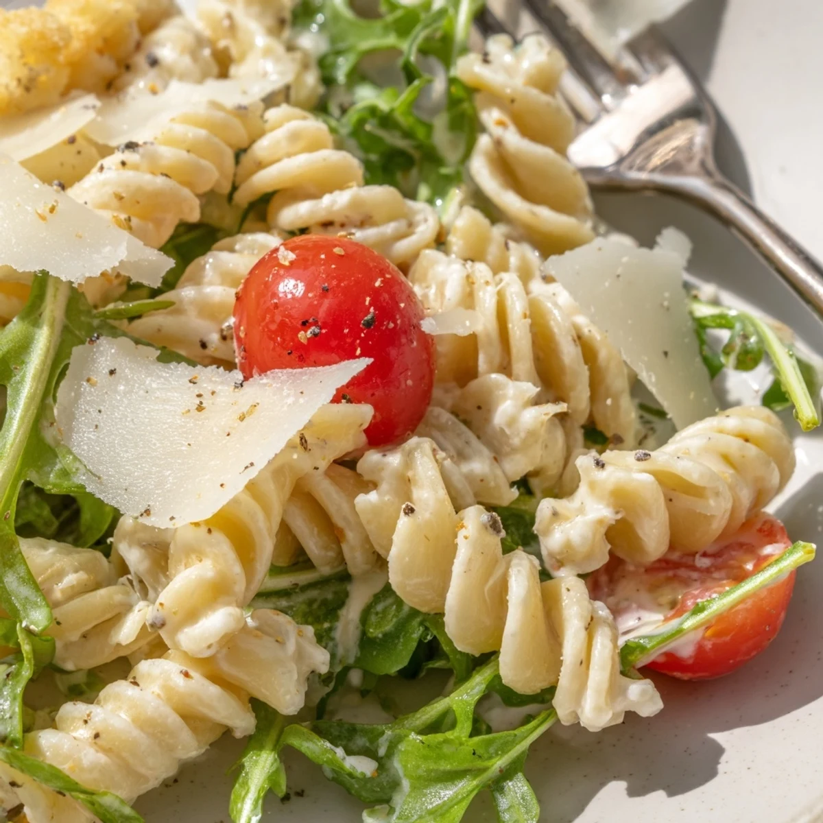 Arugula Pasta Caesar Salad with creamy dressing, peppery greens, and cherry tomatoes