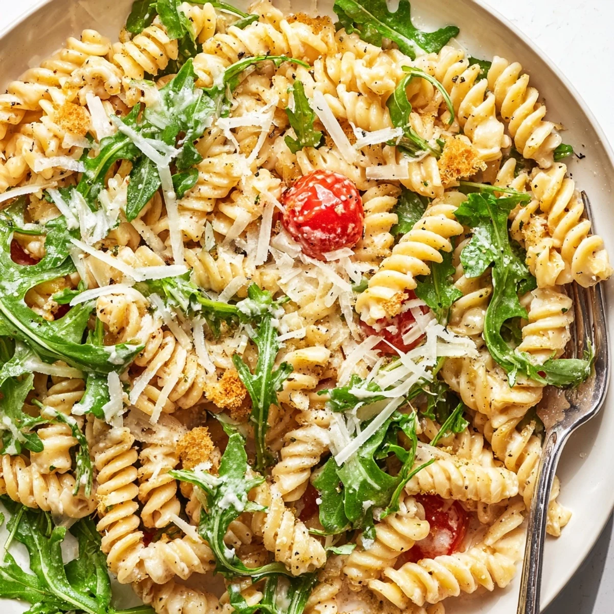 Bright Arugula Pasta Caesar Salad tossed with al dente pasta and shaved Parmesan