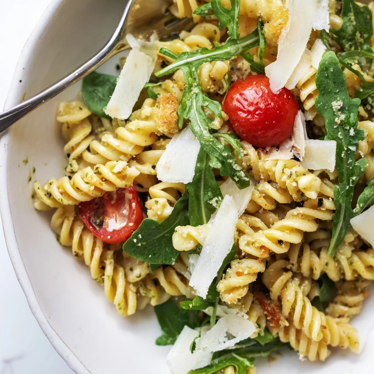 Serve Arugula Pasta Caesar Salad warm or chilled, topped with crunchy croutons