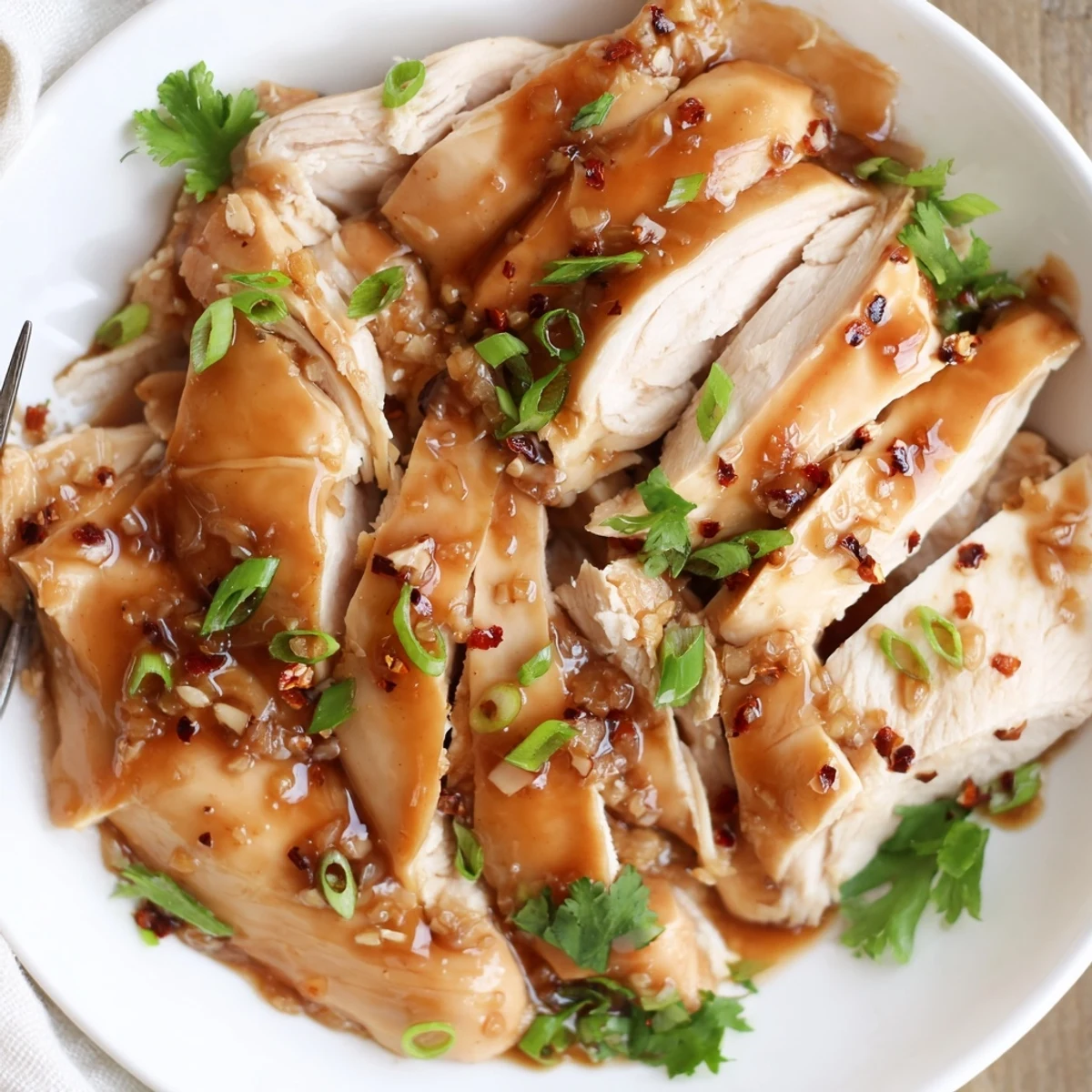 Slow Cooker Brown Sugar Garlic Chicken slow-cooked until tender, shredded, garnished with parsley.