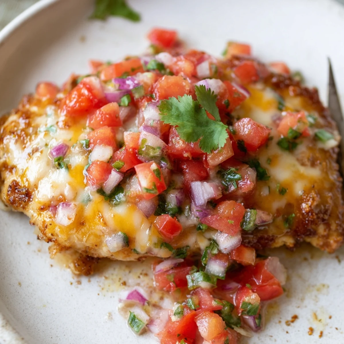Salsa Fresca Chicken Bake in a baking dish, juicy, colorful, ready to serve  