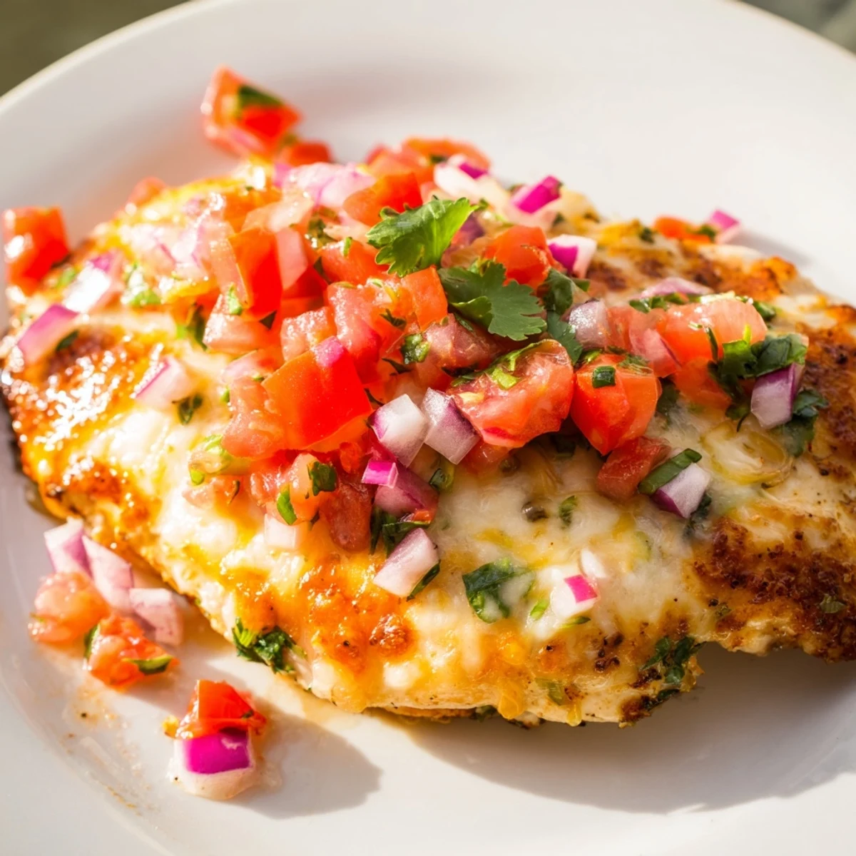 Oven-baked Salsa Fresca Chicken Bake with melty cheese and zesty cilantro  