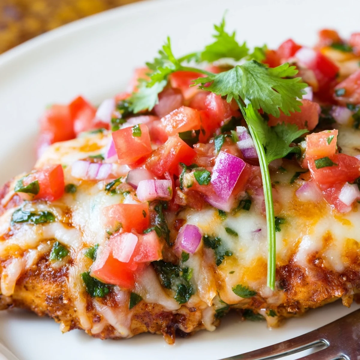 Bright, spicy Salsa Fresca Chicken Bake topped with golden bubbly cheese, lime