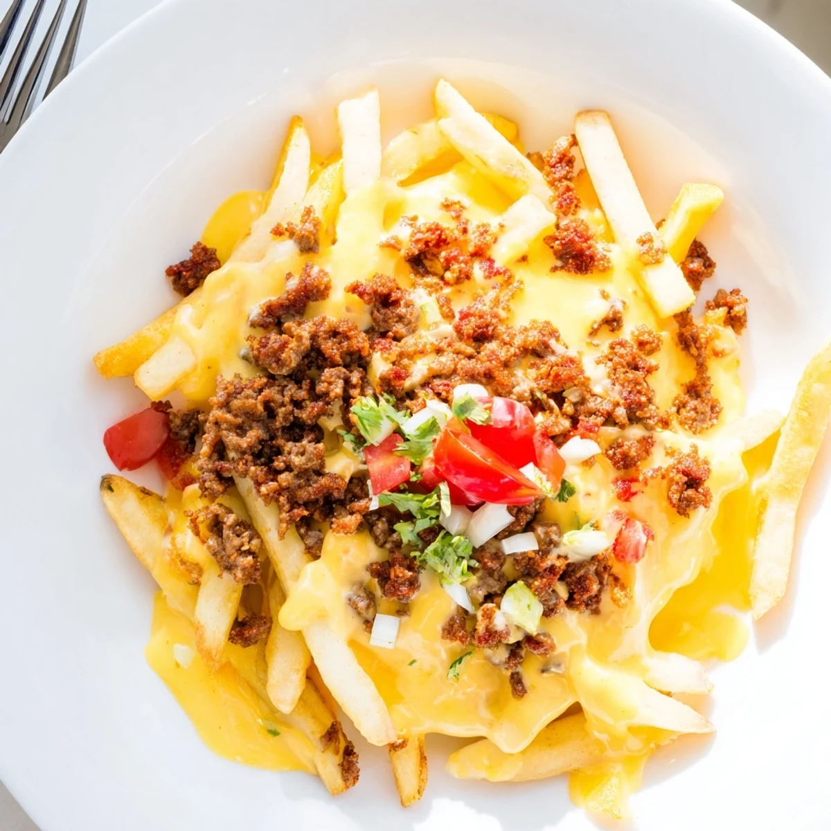 Chorizo Queso Dip Fries piled hot, gooey cheese, spicy browned chorizo