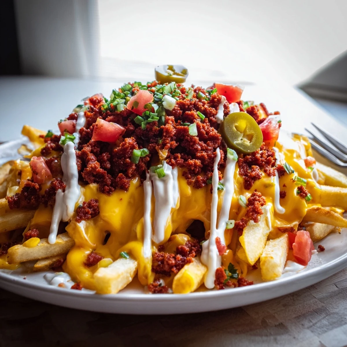Baked Chorizo Queso Dip Fries served steaming with jalapeño slices and lime