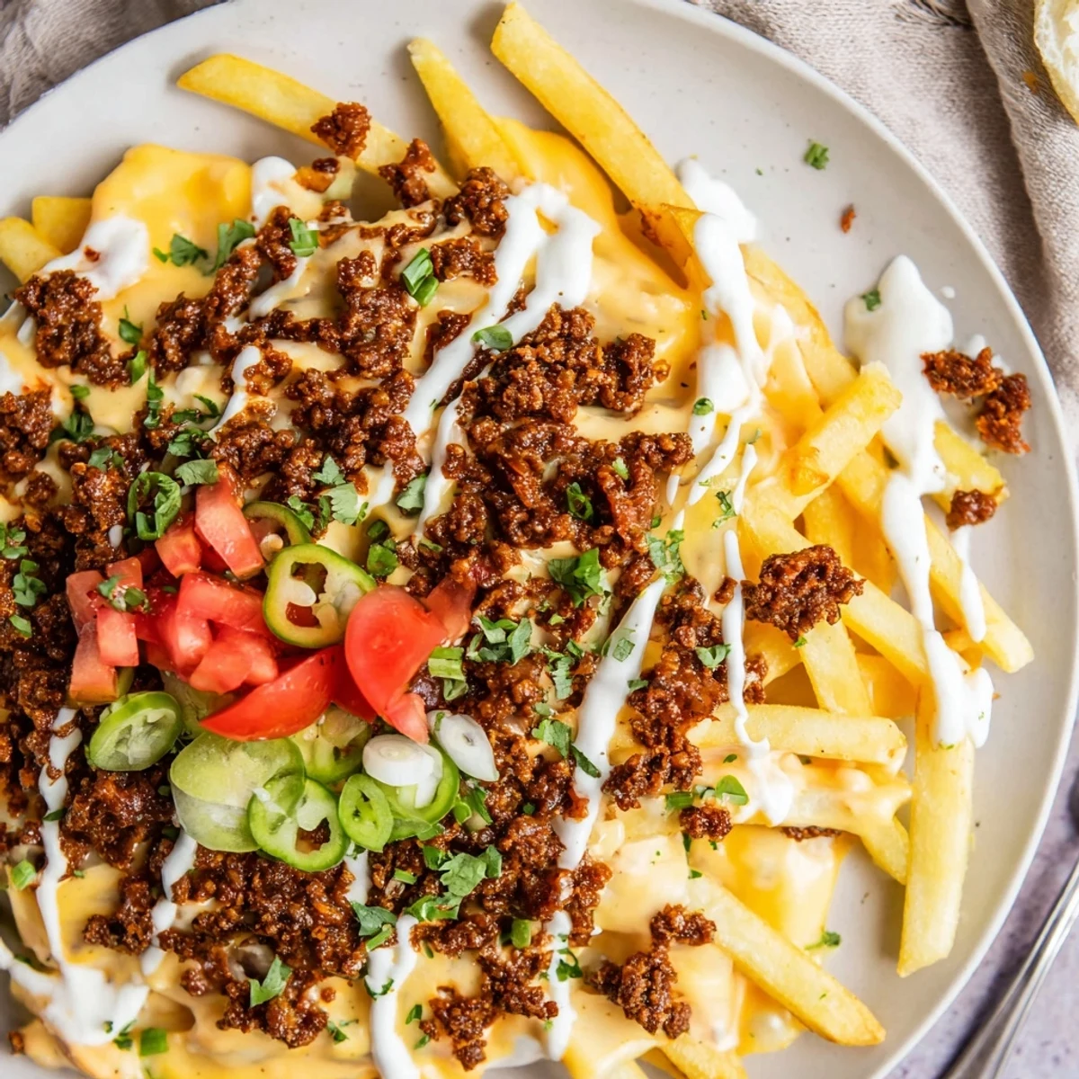 Crispy Chorizo Queso Dip Fries topped with diced tomatoes, cilantro, sour cream