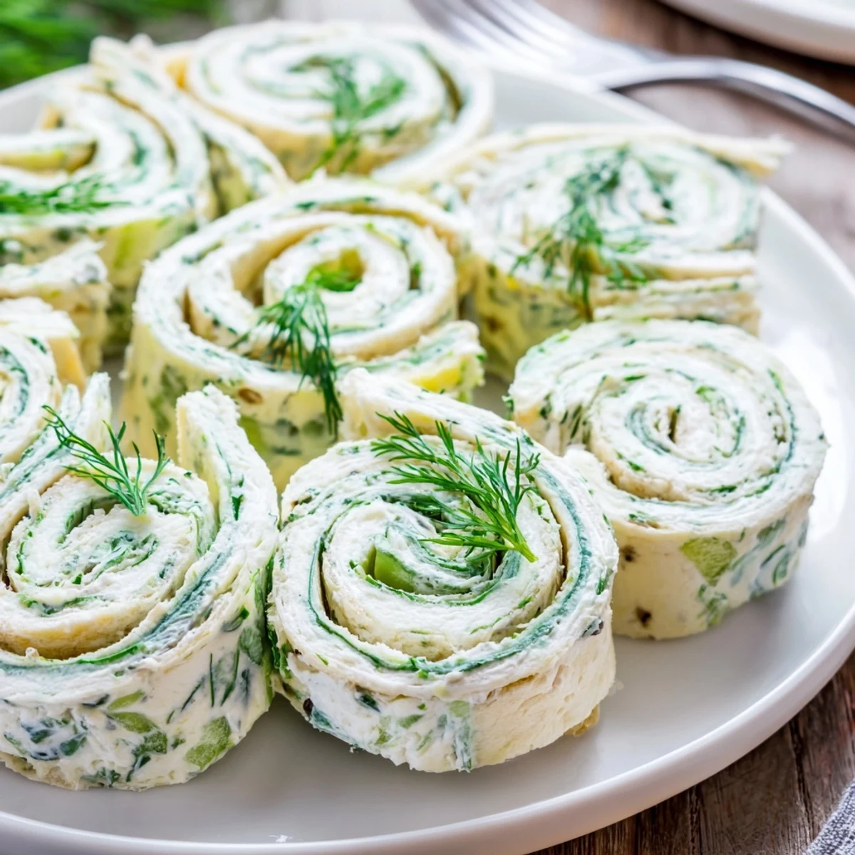 Cucumber And Dill Pinwheels arranged on a platter, chilled and creamy  