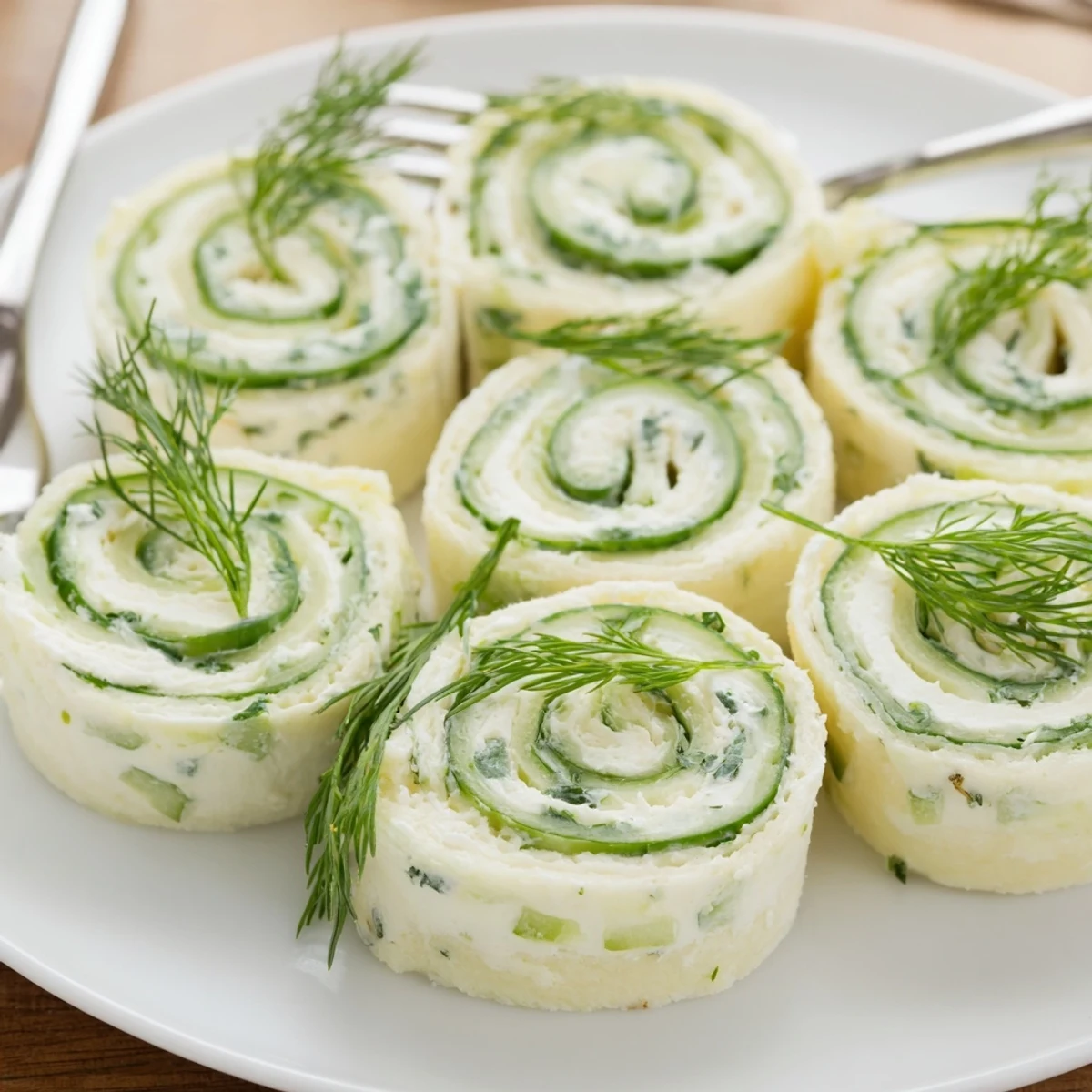 Handheld Cucumber And Dill Pinwheels rolled in tortillas, perfect for party platters