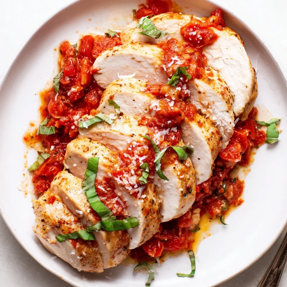 Slow Cooker Tomato Basil Chicken Breasts simmering in rich red sauce, basil garnish