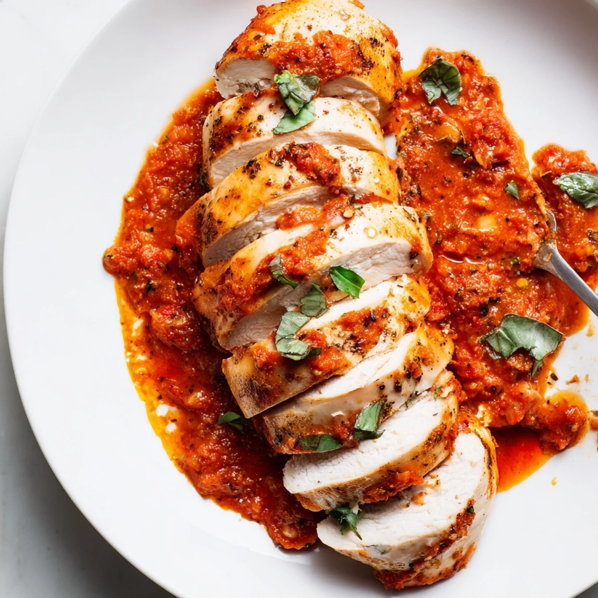 Slices of Slow Cooker Tomato Basil Chicken Breasts spooned over steaming rice