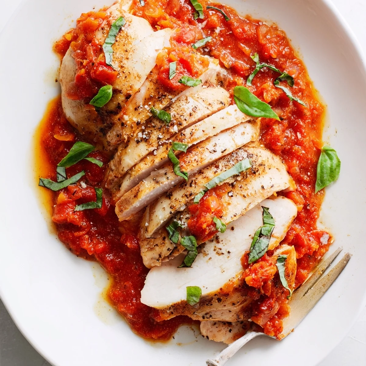 Slow Cooker Tomato Basil Chicken Breasts with creamy tomato sauce, sprinkled Parmesan