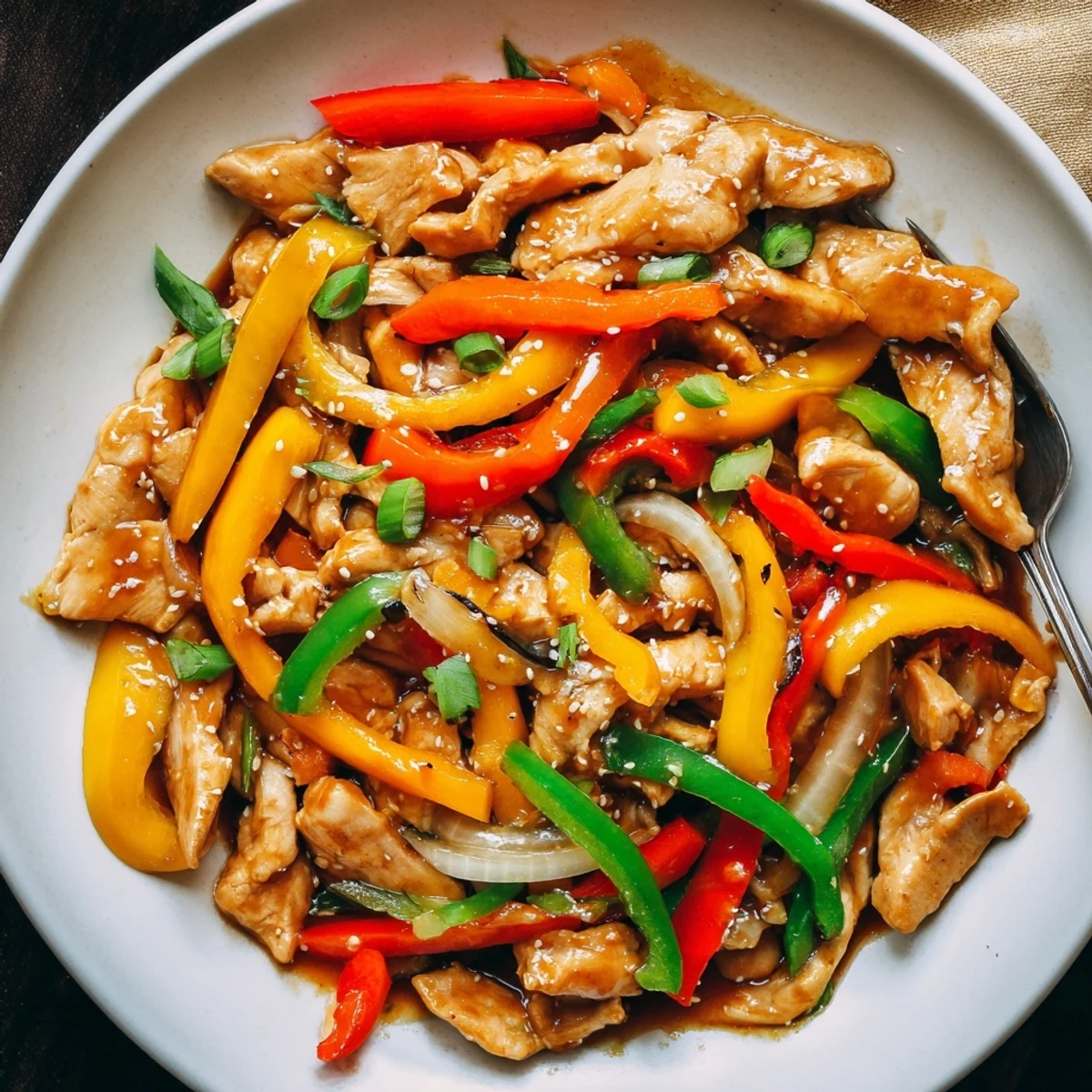 Quick Pepper Chicken Stir Fry sizzling in a wok, glossy sauce coating  