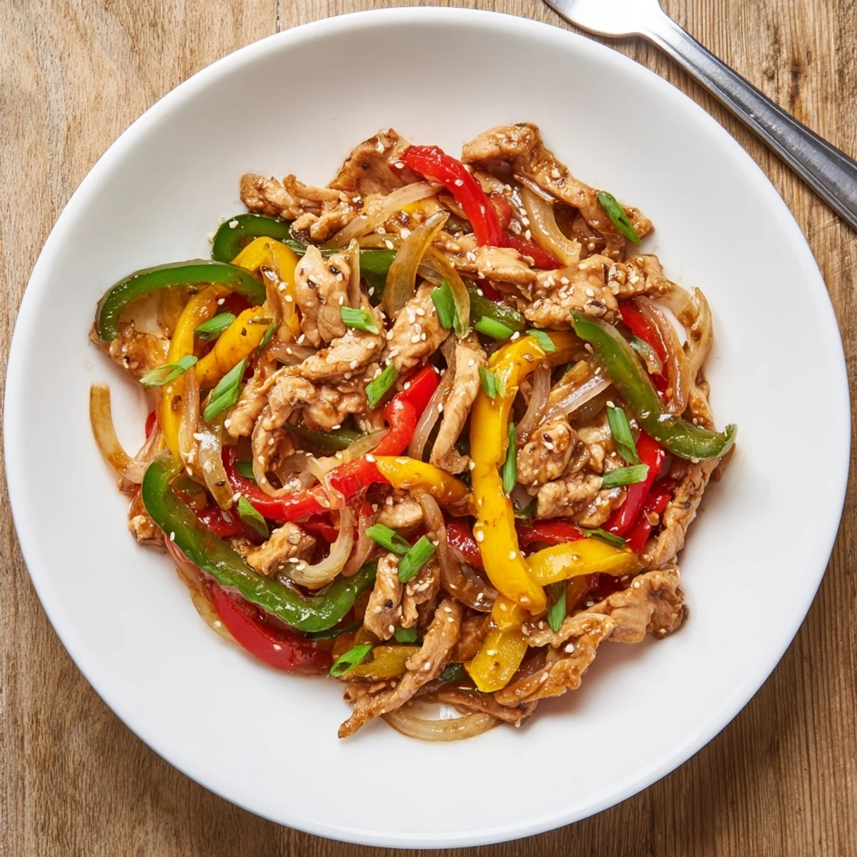 Steaming Quick Pepper Chicken Stir Fry served over jasmine rice, spring onions  