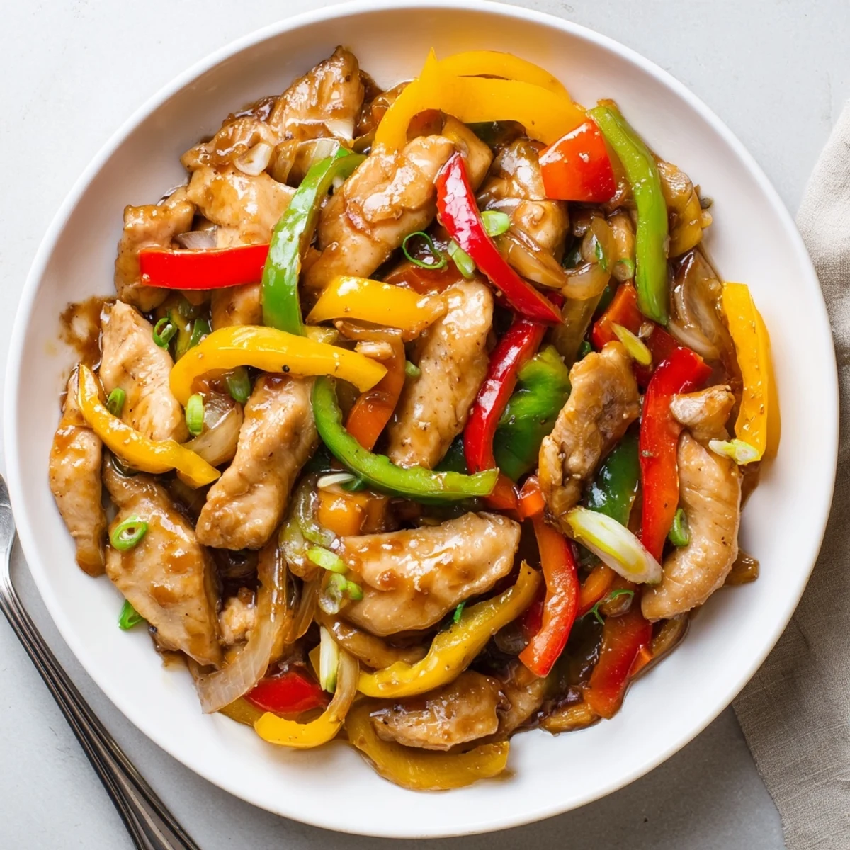 Bright Quick Pepper Chicken Stir Fry with tender strips and crisp bell peppers