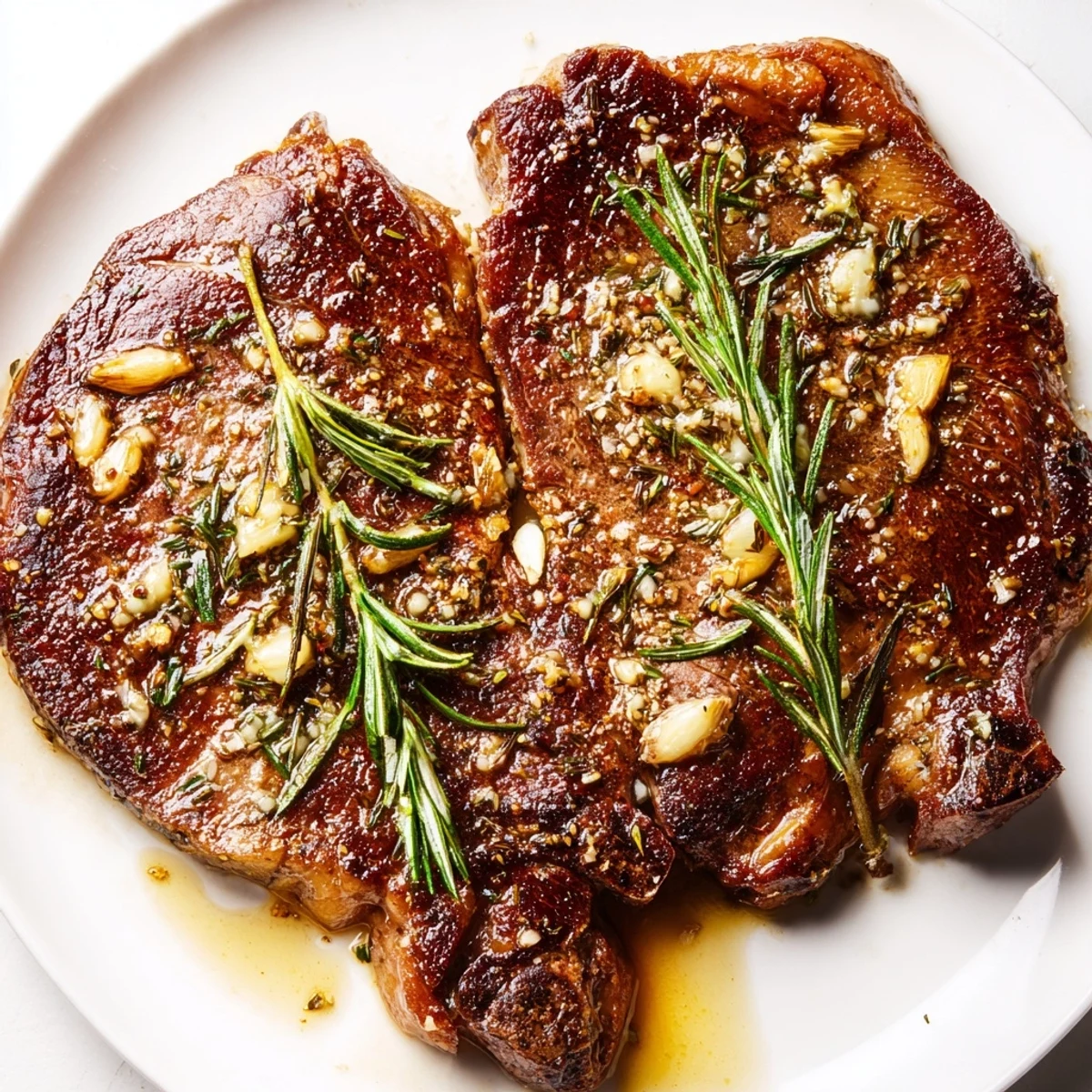 Juicy ribeye steak basting in garlic butter skillet with fresh rosemary sprigs