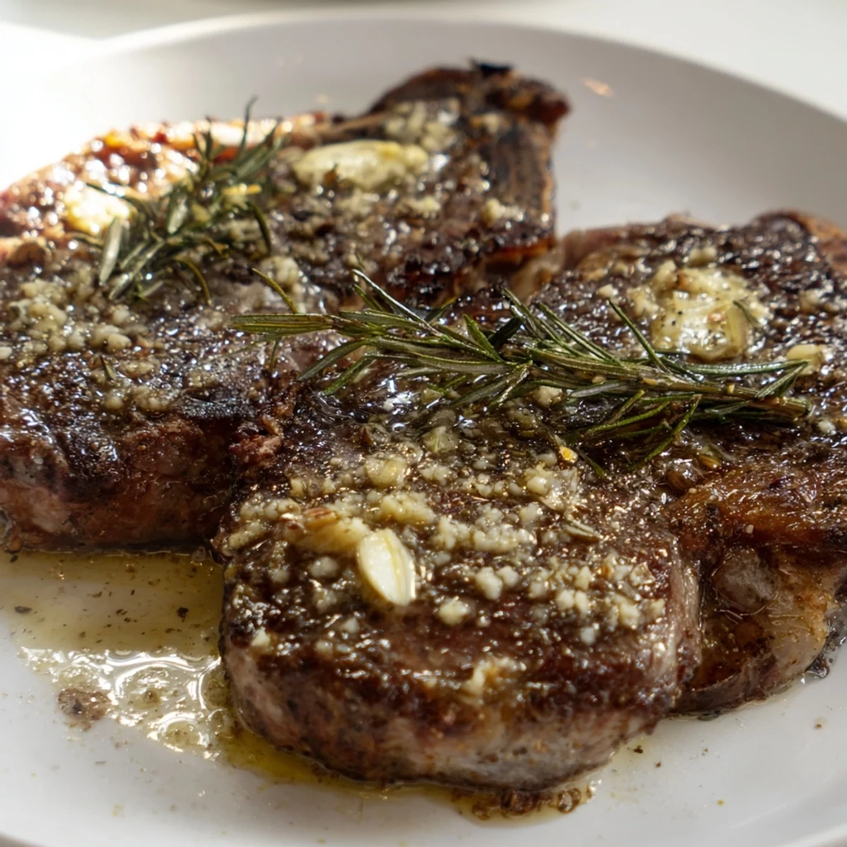 Pan-seared garlic butter steak with golden brown crust and melted herb butter