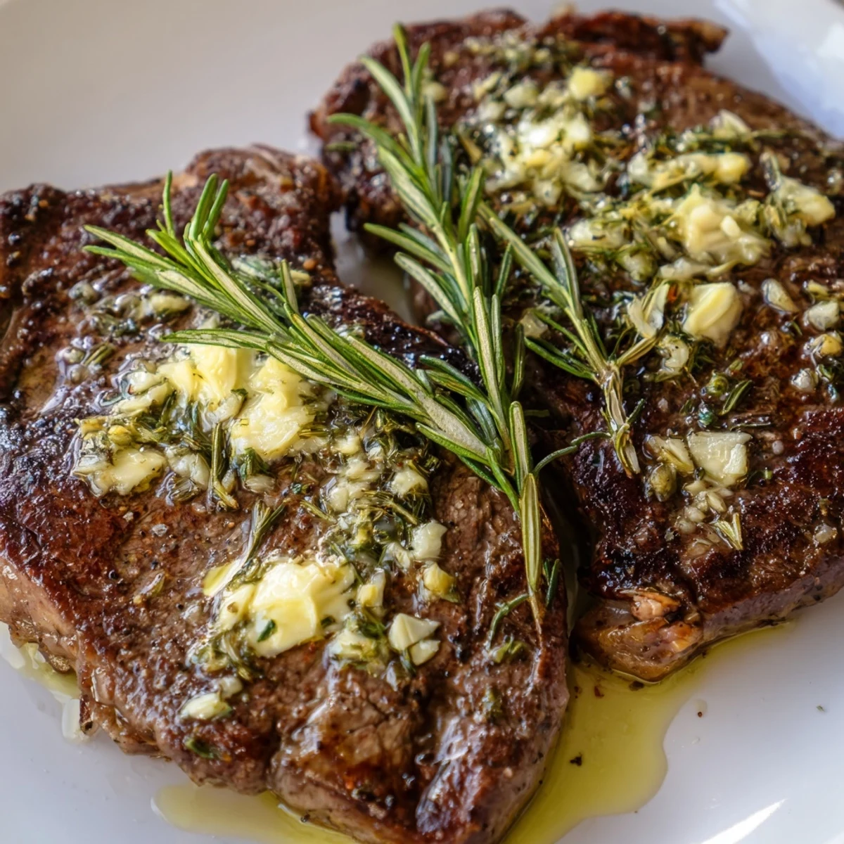 Restaurant-quality garlic butter steak resting on plate with rich pan drippings
