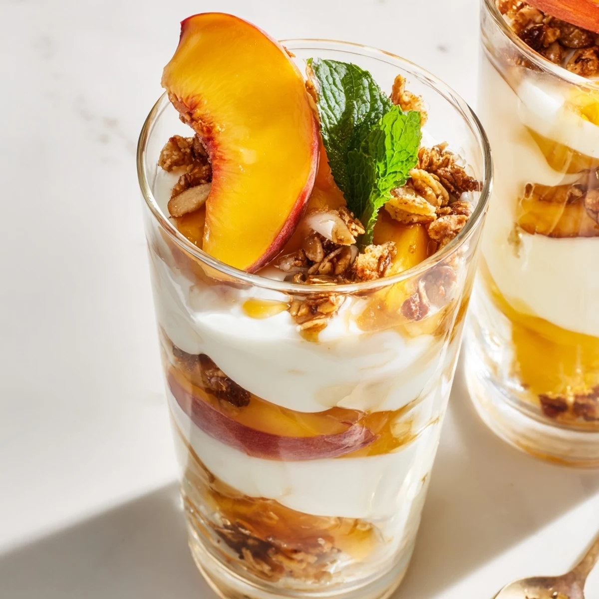 Glass parfait displaying layered sweet peach yogurt parfait with fresh peaches creamy yogurt and golden granola topping