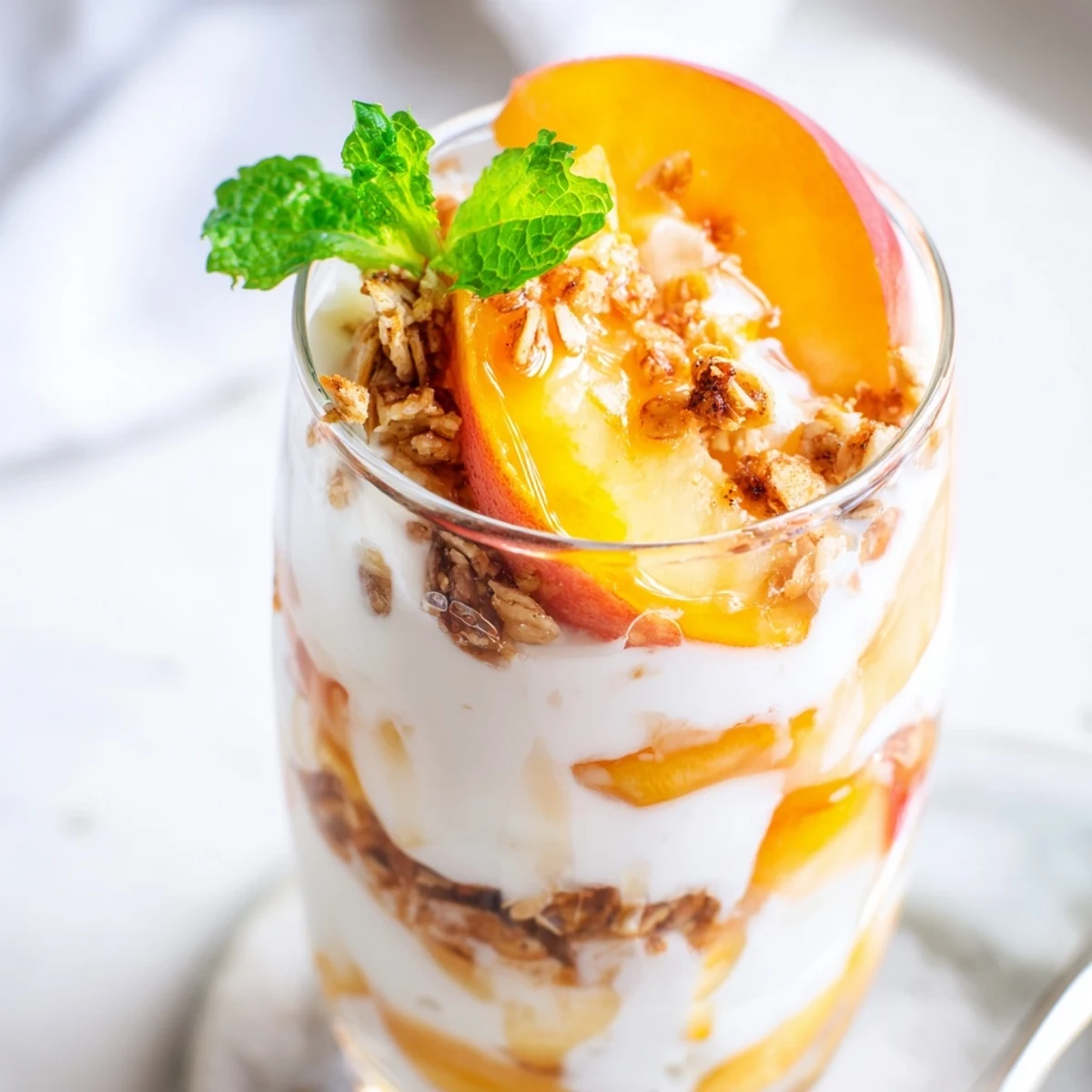 Vertical glass showing sweet peach yogurt parfait with ripe peach slices vanilla yogurt layers and honey drizzle