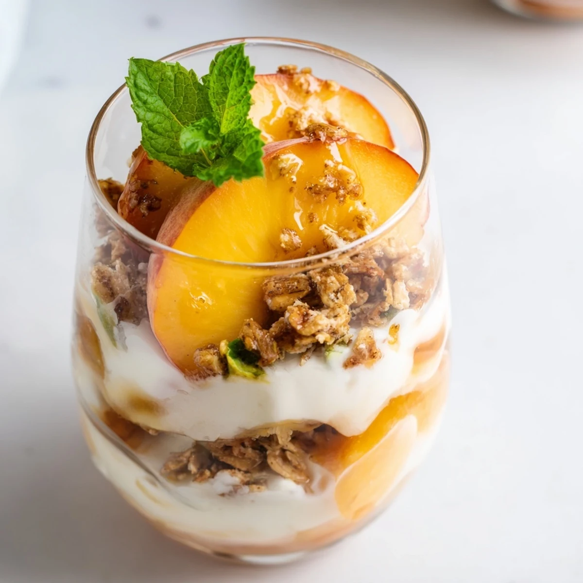 Clear serving vessel filled with sweet peach yogurt parfait featuring alternating layers of fruit yogurt and crunchy granola