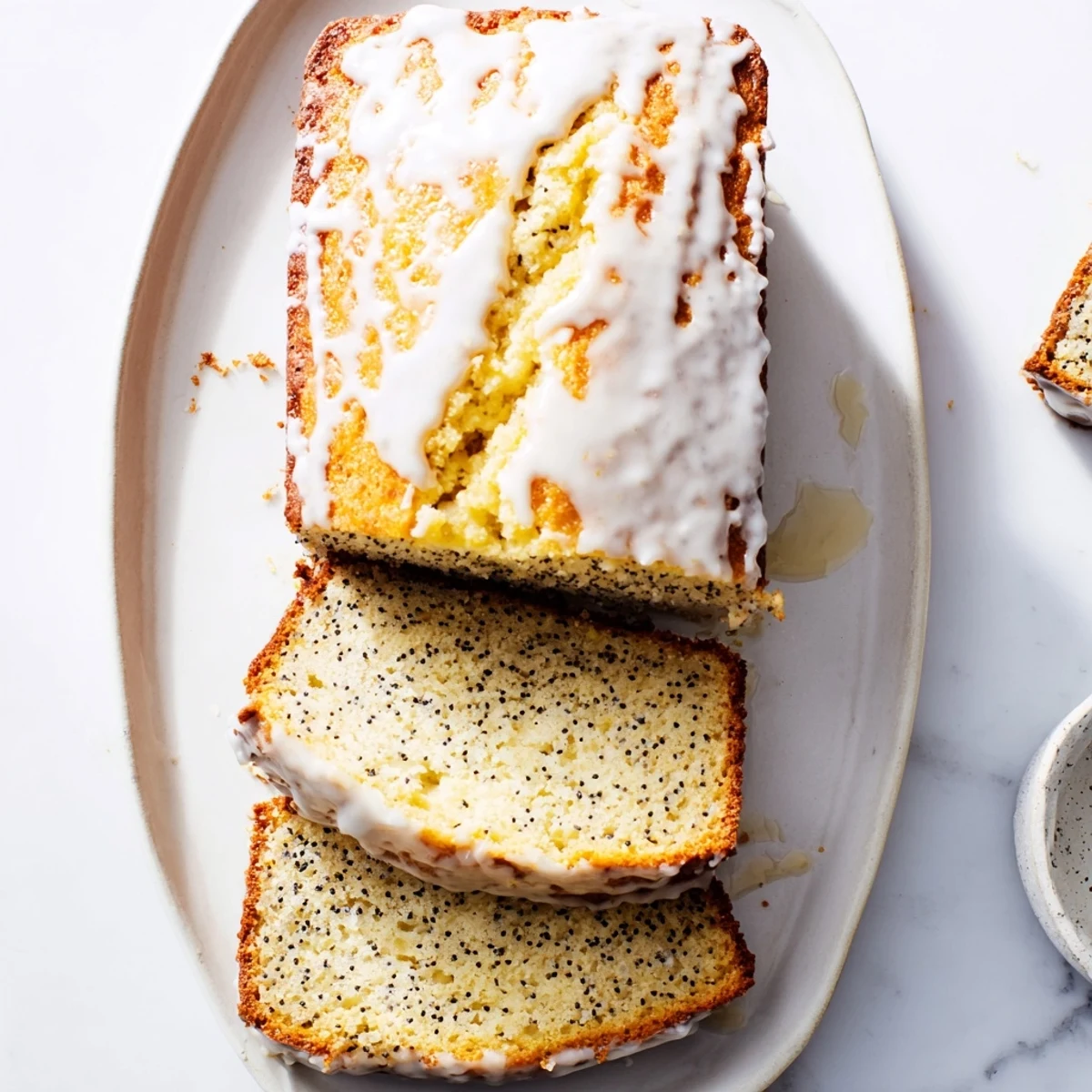 Golden lemon poppy seed cake drizzled with white glaze on a white serving plate