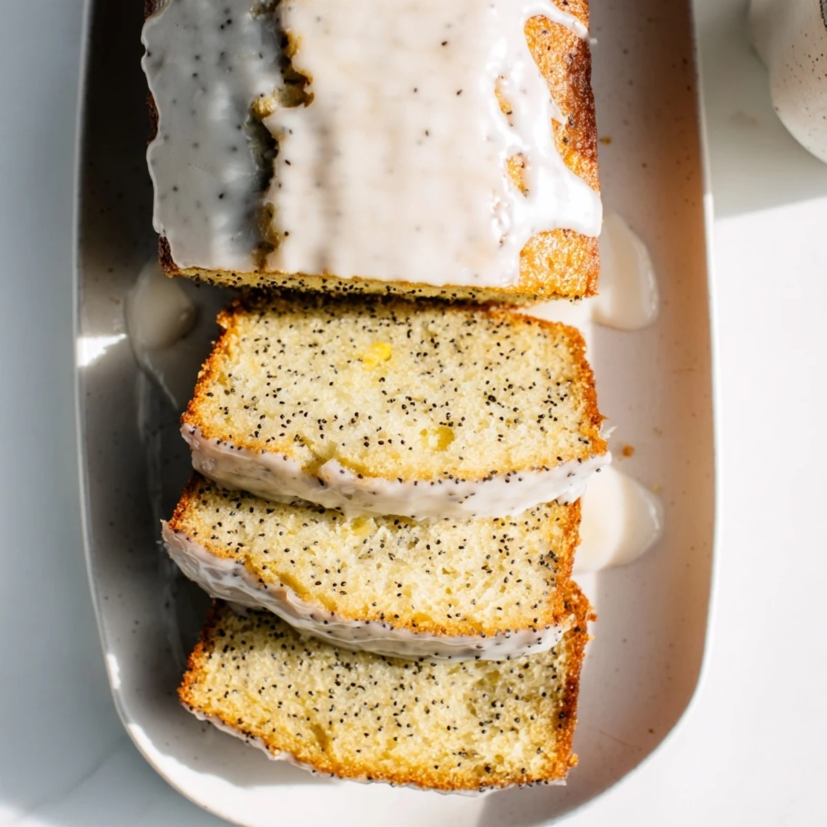 Slice of zesty lemon poppy seed cake showing tender crumb and citrus glaze drip