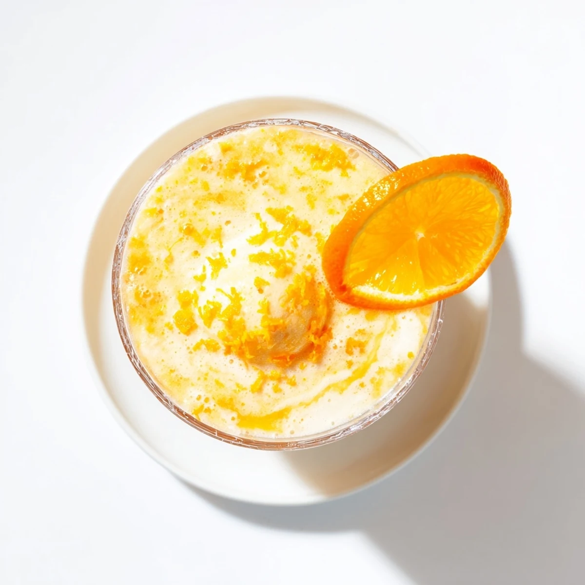 Tall glass filled with Sun Kissed Frozen Orange Cream Slush topped with fresh orange wedge
